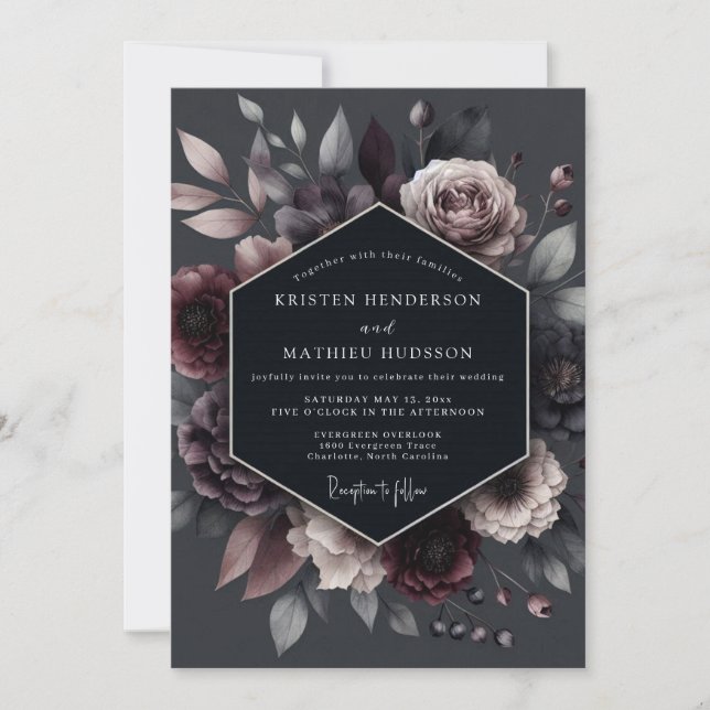 Convites Deep Plum Floral Moody Wedding (Frente)