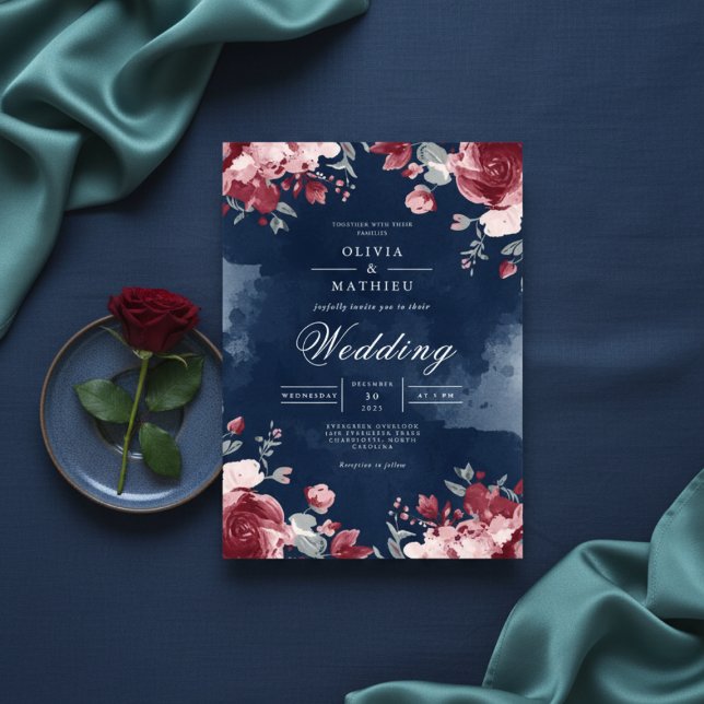 Convites Deep Plum Floral Watercolour Wedding (Criador carregado)