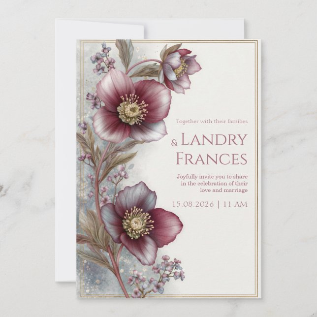 Convites Deep Plum Hellebore Gold Glitter Frame Wedding (Frente)