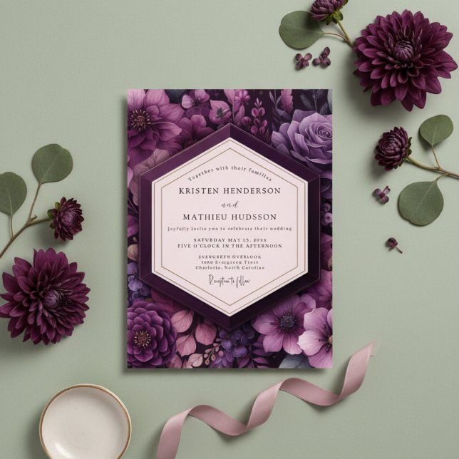 Convites Deep Purple Floral Romance Wedding (Criador carregado)