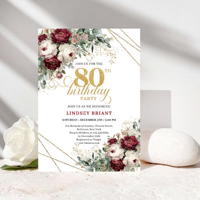 Convites Deep Red Burgundy Flowers Eucalyptus 80th Birthday (Deep Red Burgundy Flowers Eucalyptus 80th Birthday)
