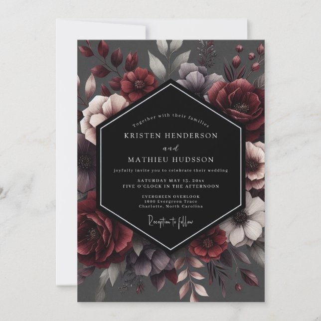 Convites Deep Red Floral Enchantment Wedding (Frente)