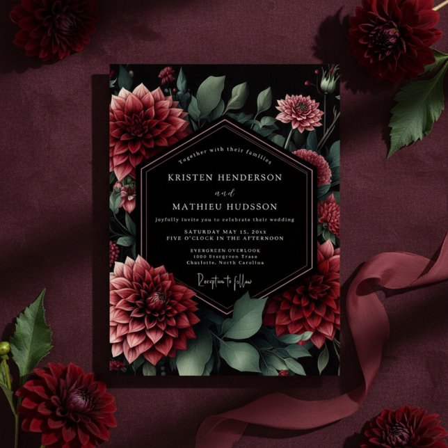 Convites Deep Red Floral Moody Wedding (Criador carregado)