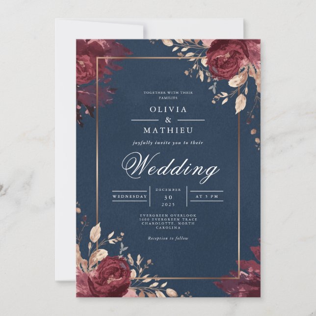 Convites Deep Red Floral Navy Border Wedding (Frente)