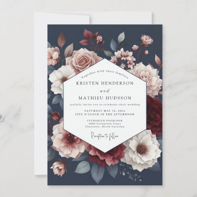 Convites Deep Red Floral Romance Wedding (Frente)