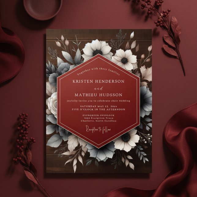 Convites Deep Red Moody Floral Wedding (Criador carregado)