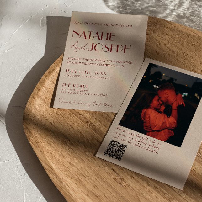 Convites Deep Red Whimsical Modern QR Code Photo Wedding (Criador carregado)