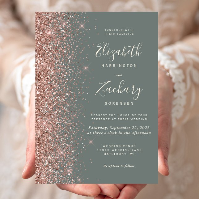 Convites Deep Sage Green Rose Gold Glitter Wedding (Criador carregado)