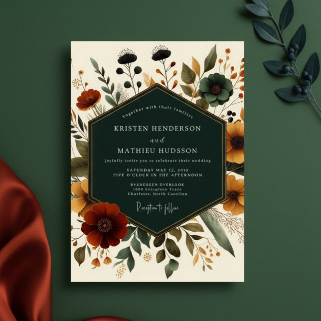 Convites Deep Teal Autumn Floral Romance Wedding (Criador carregado)