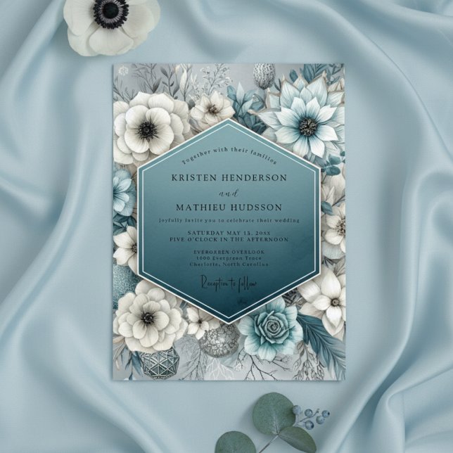 Convites Deep Teal Bloom Romance Wedding (Criador carregado)