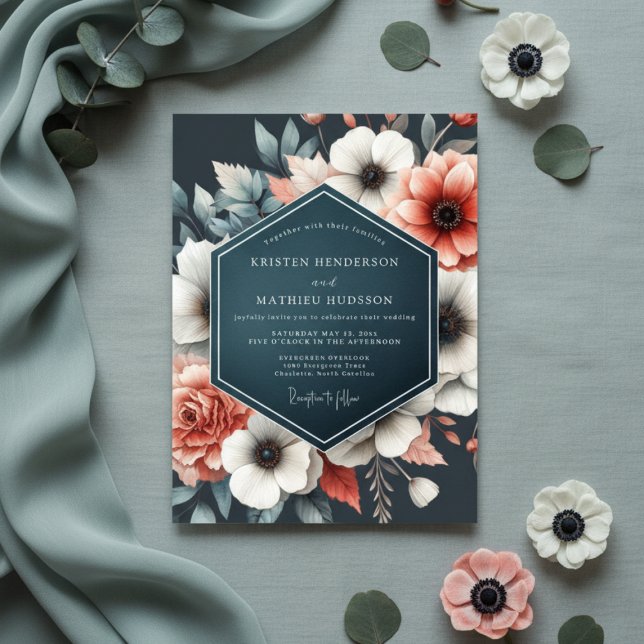 Convites Deep Teal Floral Bloom Wedding (Criador carregado)