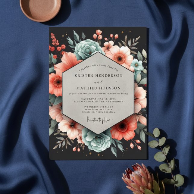 Convites Deep Teal Floral Elegance Wedding (Criador carregado)