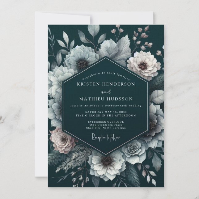 Convites Deep Teal Floral Romance Wedding (Frente)