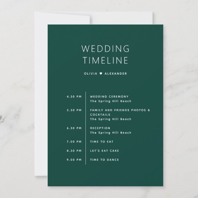 Convites Deep Teal Green Timeline. Forest Wedding Itinerary (Verso)