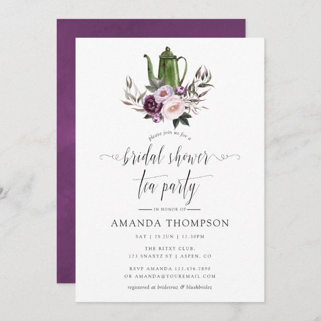 Convites Deep Velvet Floral Chá de panela Tea Party (Frente/Verso)