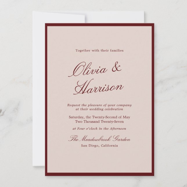 Convites Deep Wine Old Money Calligraphy Wedding Invitation (Frente)