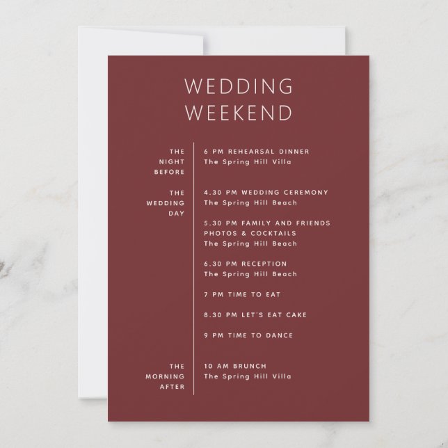 Convites Deep Wine Red Wedding Timeline | Modern Itinerary (Verso)