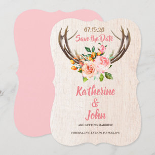 Convites Deer Antlers Blush Rustic Floral salvar a data