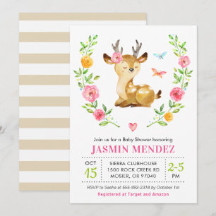 Convites Deer Baby Girl Chá Rosa Sprinkle Floral