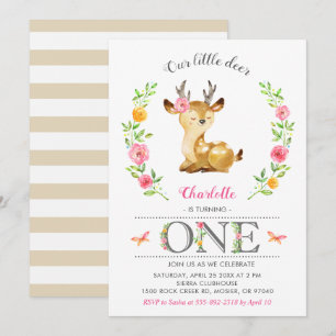 Convites Deer Baby Girl Woodland Floral 1rua Primeiro Anive