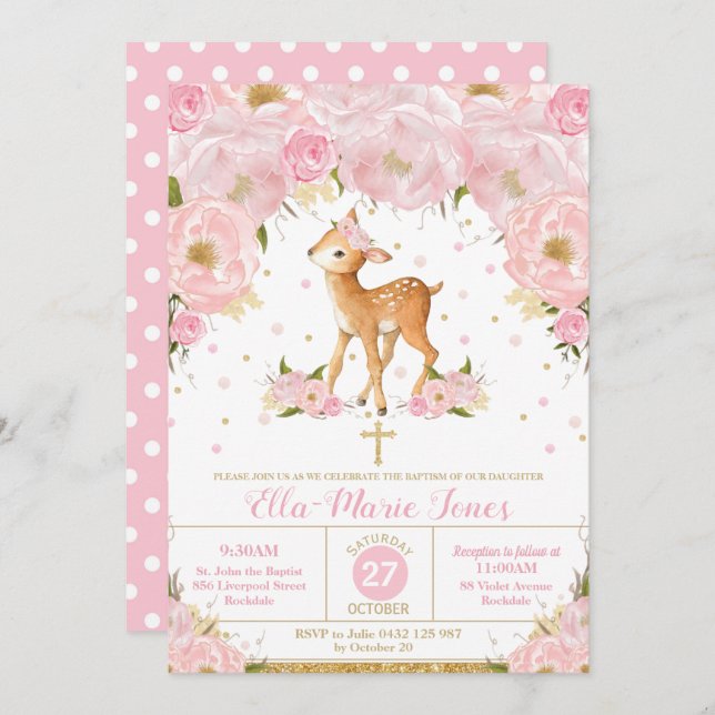 Convites Deer Blush Floral Baptism Christening Girl (Frente/Verso)