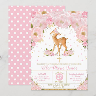 Convites Deer Blush Floral Baptism Christening Girl