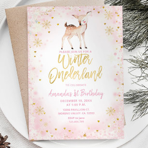 Convites Deer Blush Pink Winter Onederland Birthday