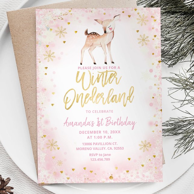 Convites Deer Blush Pink Winter Onederland Birthday (Criador carregado)