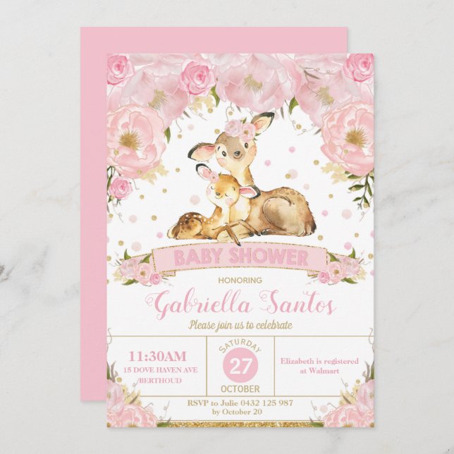 Convites Deer Floral Chá de fraldas Invitation Girl (Frente/Verso)