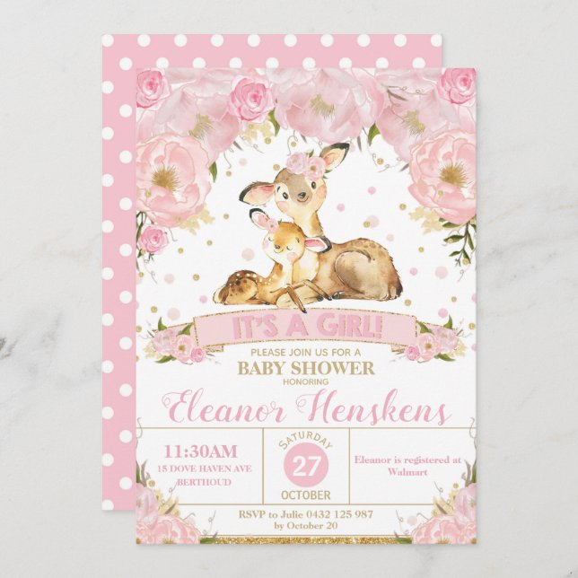 Convites Deer Floral Chá de fraldas Invitation Girl (Frente/Verso)