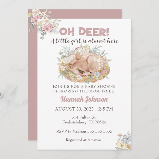 Convites Deer Floral Fall Baby Chá de fraldas (Frente/Verso)