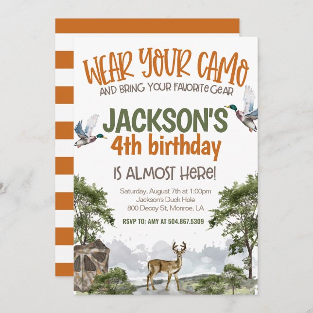 Convites Deer Hunter Camo Birthday (Frente/Verso)