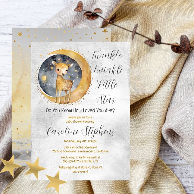 Convites Deer Twinkle Twinkle - Pequeno Chá de fraldas de E (Sweet baby deer gender neutral "Twinkle, Twinkle Little Star" Baby Shower design.)
