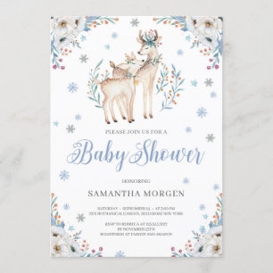 Convites Deer Winter Blue Floral Silver chá de fraldas rúst