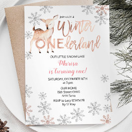 Convites Deer Winter ONEderland Birthday Invite Rosa Dourad