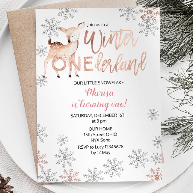 Convites Deer Winter ONEderland Birthday Invite Rosa Dourad (Criador carregado)