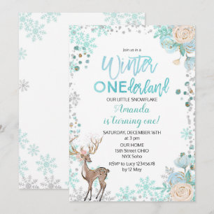 Convites Deer Winter ONEderland Snow Birthday Invite Mint