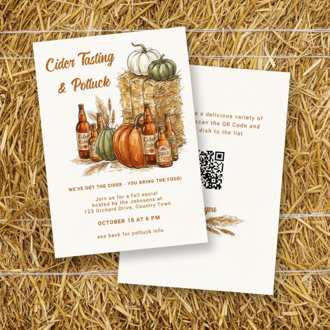 Convites Degustação de Cider de Outono e Social de Fogueira (Rustic Potluck with QR code fall invitation, with cider and pumpkin design by Darling & May)