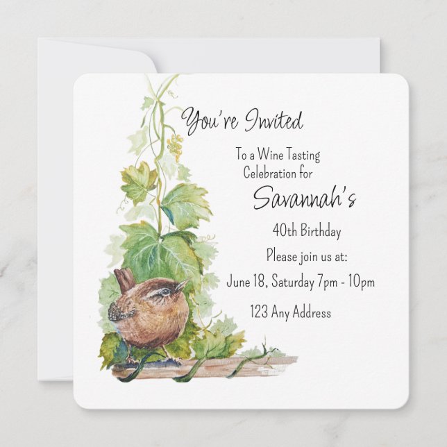 Convites Degustação de Vinho do Vinhedo Wren Bird Aniversár (Frente)