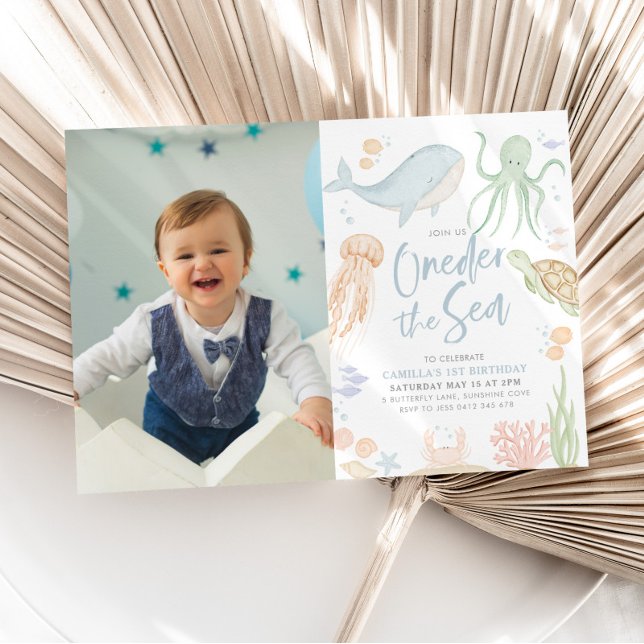 Convites Deite O primeiro aniversario Do Mar Sob A Foto Do  (Oneder The Sea - Under the Sea 1st Birthday Invitation with Photo)
