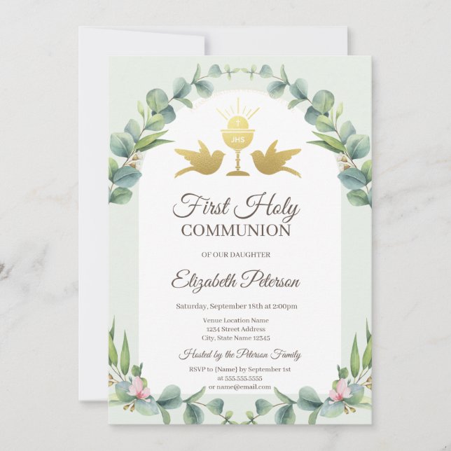 Convites Deixa Chalice Primeira Comunhão Sagrada (Frente)