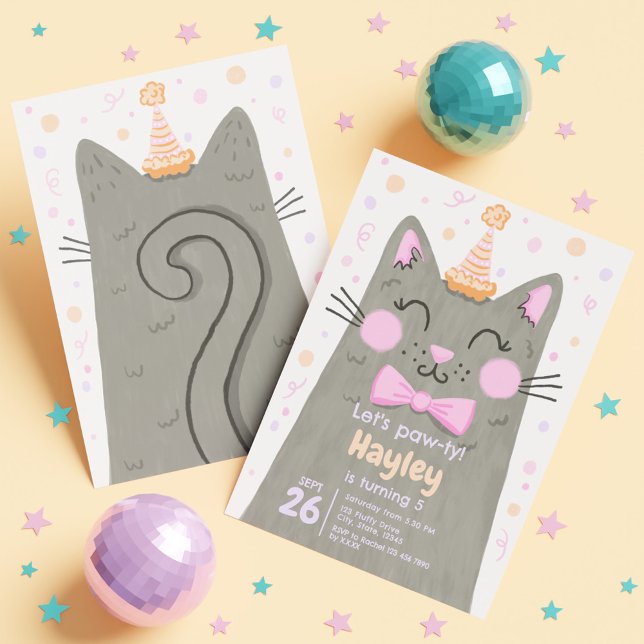 Convites Deixa Cinza Pawty Gatinha Gatinho Gatinho Festa de (Lets Pawty Grey Cute Kitty Cat Face Birthday Party Invitation)