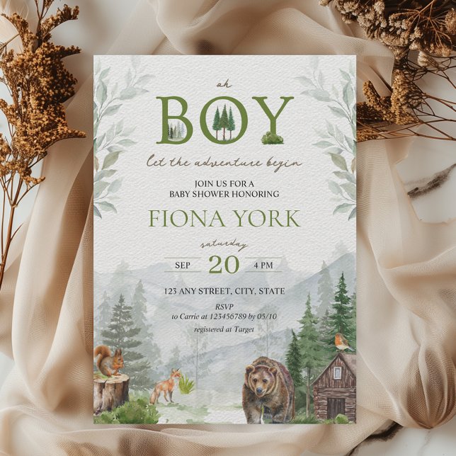 Convites Deixe A Aventura Começar A Montar O Chá de fraldas (Let the adventure begin Woodland Animals Boy Baby Shower Mountains Pine Trees)