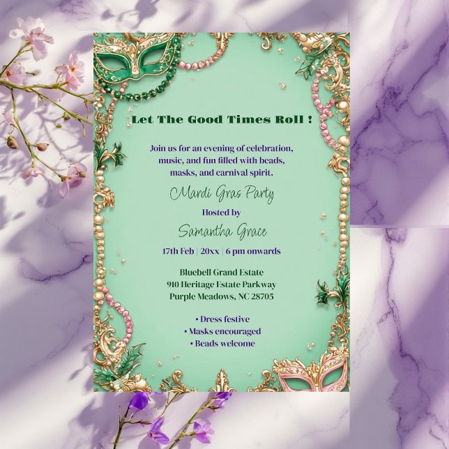 Convites Deixe os Bons Momentos Rolar Máscara de Carnaval d (Let The Good Times Roll Mardi Gras Mask Beads Fun Invitation)