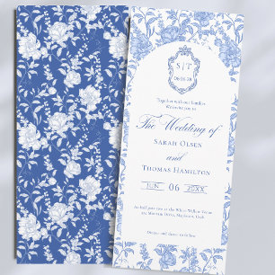Convites Delft Azul Floral Chinoiserie Monograma Casamento