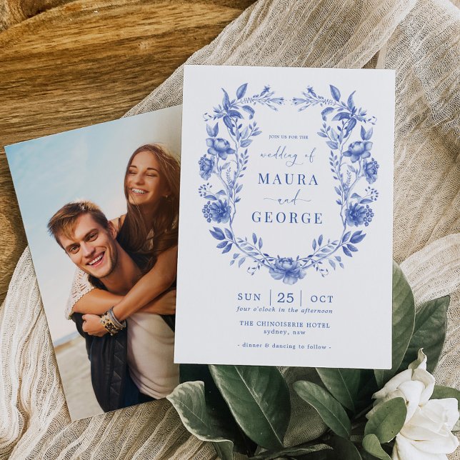Convites Delft Blue Chinoiserie Floral Porcelain Casamento (Criador carregado)