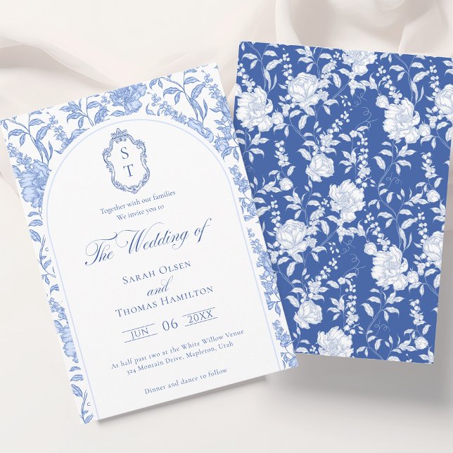 Convites Delft Blue Floral Chinoiserie Monogram Wedding (Criador carregado)