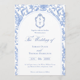 Convites Delft Blue Floral Chinoiserie Monogram Wedding