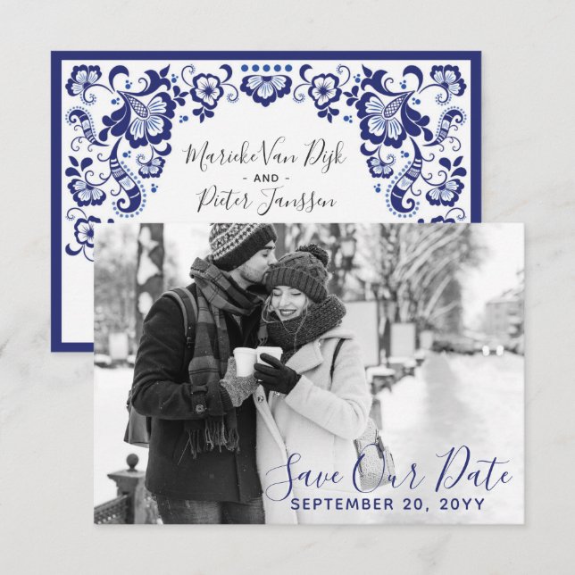 Convites Delfts Blauw | Foto de Save The Date Delft Blue (Frente/Verso)