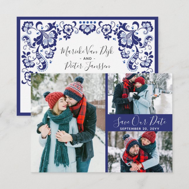 Convites Delfts Blauw | Fotos de Save The Date em Azul de D (Frente/Verso)